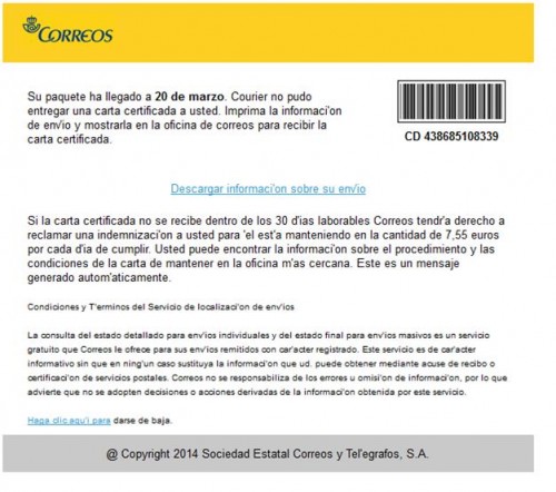 Ejemplo de email con un enlace malicioso que contiene el virus.